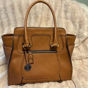 London Fog Tan Cognac Structured Satchel with Front Zip